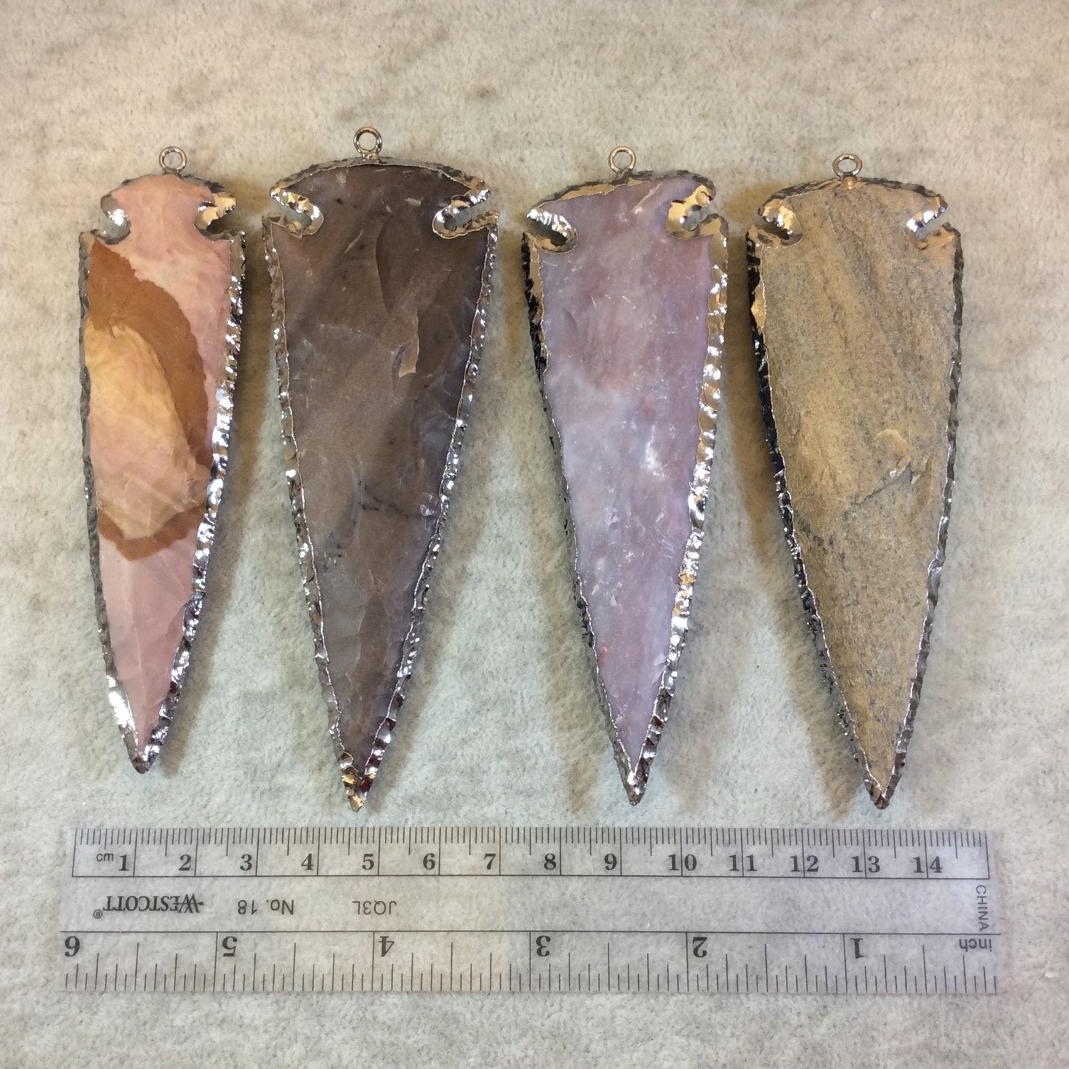 4-5" Gunmetal Finish Arrowhead Shaped Electroplated Mixed Jasper Pendant - Measuring 100mm-125mm Long - Sold Individually, Randomly Chosen