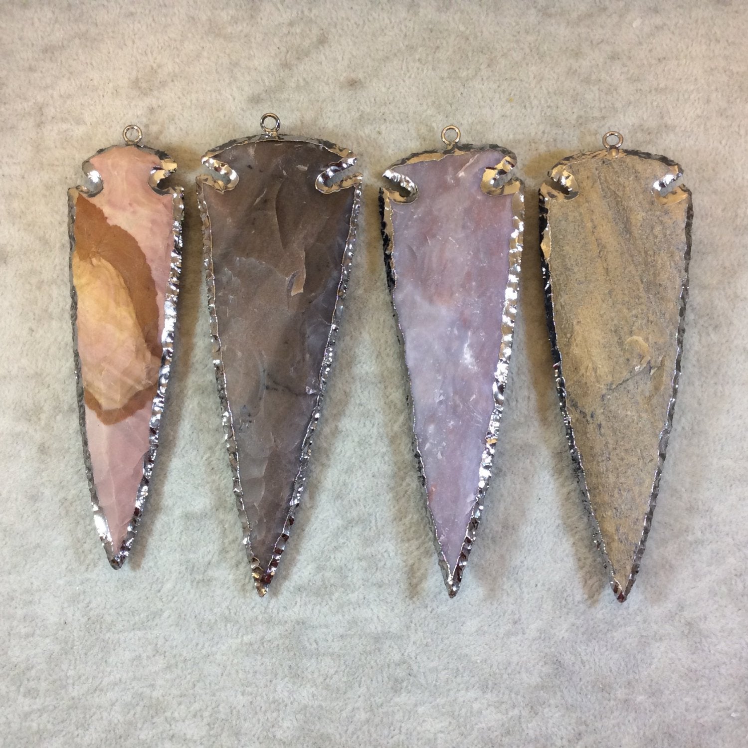 4-5" Gunmetal Finish Arrowhead Shaped Electroplated Mixed Jasper Pendant - Measuring 100mm-125mm Long - Sold Individually, Randomly Chosen