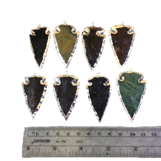1.5-2" Silver Finish Arrowhead Shaped Electroplated Mixed Jasper Pendant - Measuring 40mm-50mm Long - Sold Individually, Randomly Chosen