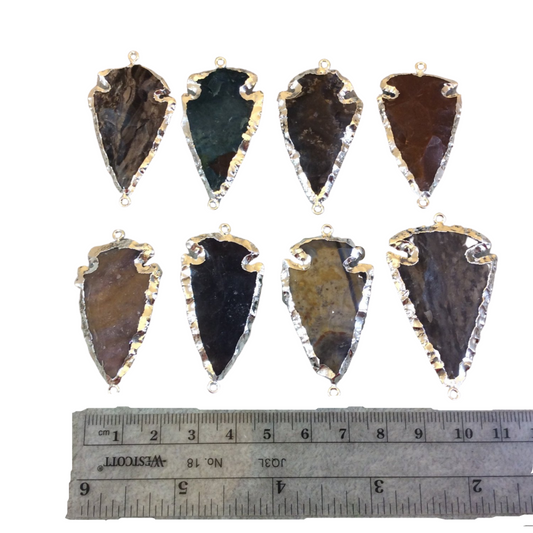 1.5-2" Silver Finish Arrowhead Shaped Electroplated Mixed Jasper Connector - Measuring 40mm-50mm Long - Sold Individually, Randomly Chosen