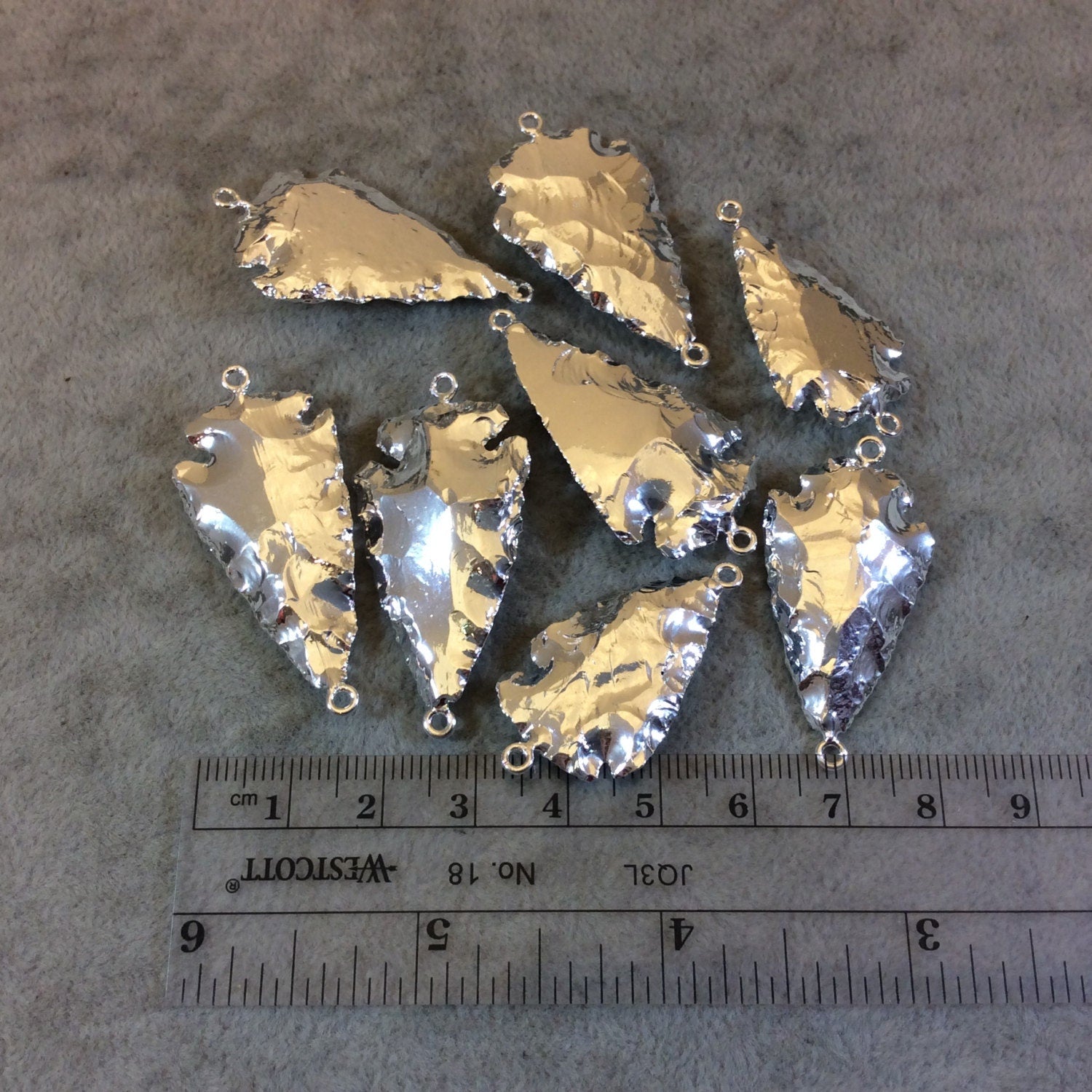 1-1.5" Silver Plated Arrowhead Shaped Electroplated Black Obsidian Connector - Measuring 30mm-40mm Long - Sold Individually, Randomly Chosen