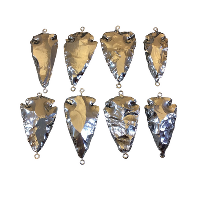 1.5-2" Silver Plated Arrowhead Shaped Electroplated Black Obsidian Connector - Measuring 40mm-50mm Long - Sold Individually, Randomly Chosen