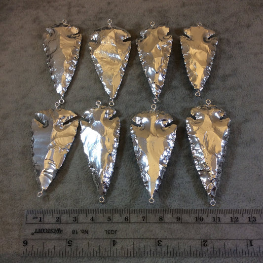 2-2.5" Silver Plated Arrowhead Shaped Electroplated Black Obsidian Connector - Measuring 50mm-65mm Long - Sold Individually, Randomly Chosen