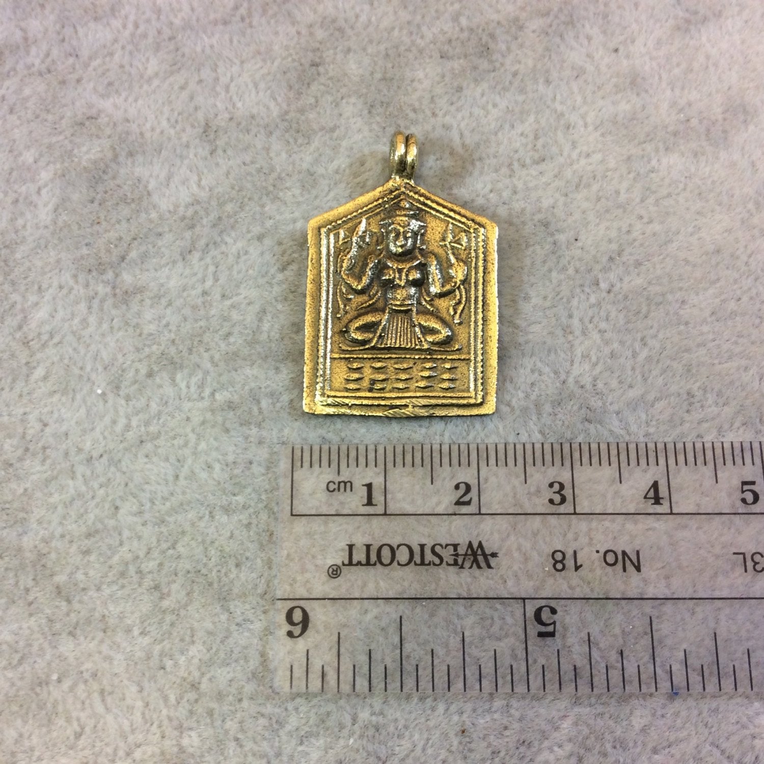 Small Oxidized Gold Finish Pentagon Shaped Seated Figure Plated Brass Pendant - Measuring 21mm x 34mm, Approximately - Sold Individually