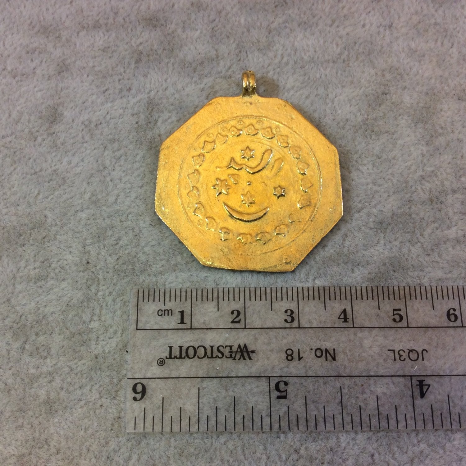 Gold Finish Turkish Moon and Stars Design Textured Plated Brass Pendant with Bail - Measuring 36mm x 43mm, Approximately - Sold Individually