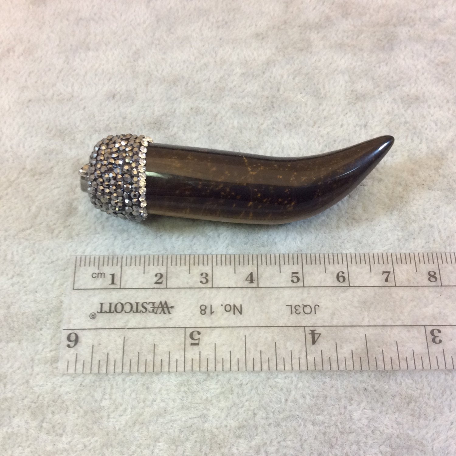 Large Pave Rhinestone Encrusted Tusk Shaped Tiger Eye Pendant with Gray/White Rhinestones and Attached Bail - Measuring 18mm x75mm, Approx.