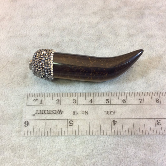 Large Pave Rhinestone Encrusted Tusk Shaped Tiger Eye Pendant with Gray/White Rhinestones and Attached Bail - Measuring 18mm x75mm, Approx.