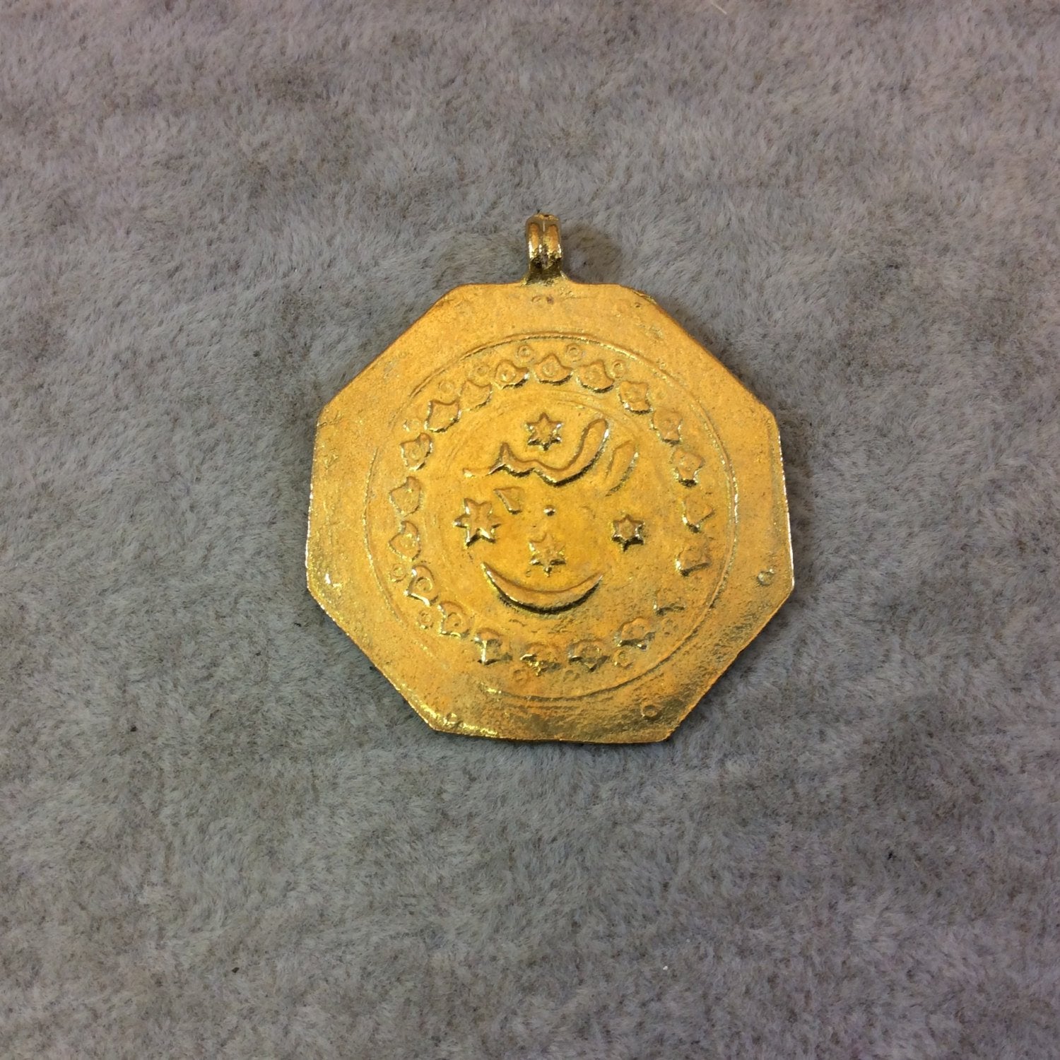 Gold Finish Turkish Moon and Stars Design Textured Plated Brass Pendant with Bail - Measuring 36mm x 43mm, Approximately - Sold Individually