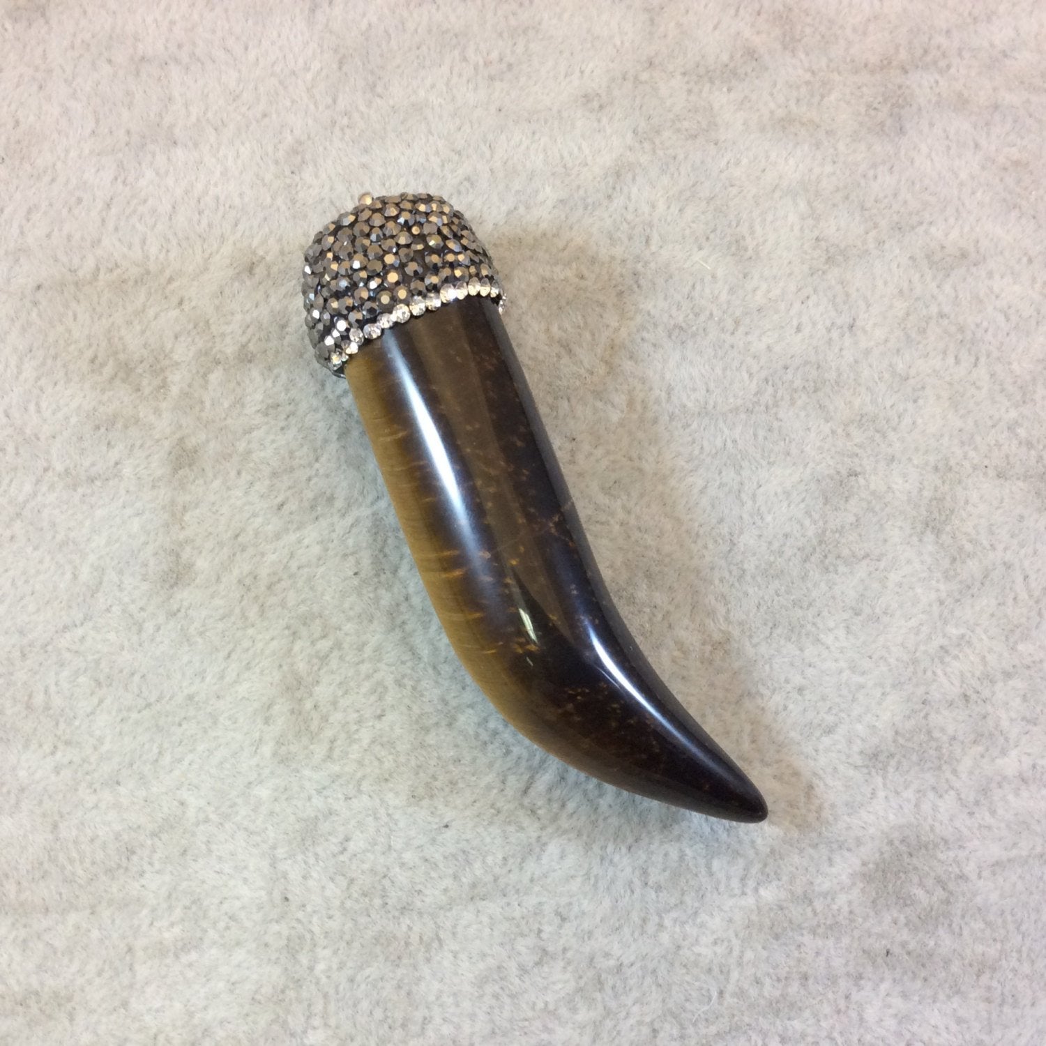 Large Pave Rhinestone Encrusted Tusk Shaped Tiger Eye Pendant with Gray/White Rhinestones and Attached Bail - Measuring 18mm x75mm, Approx.