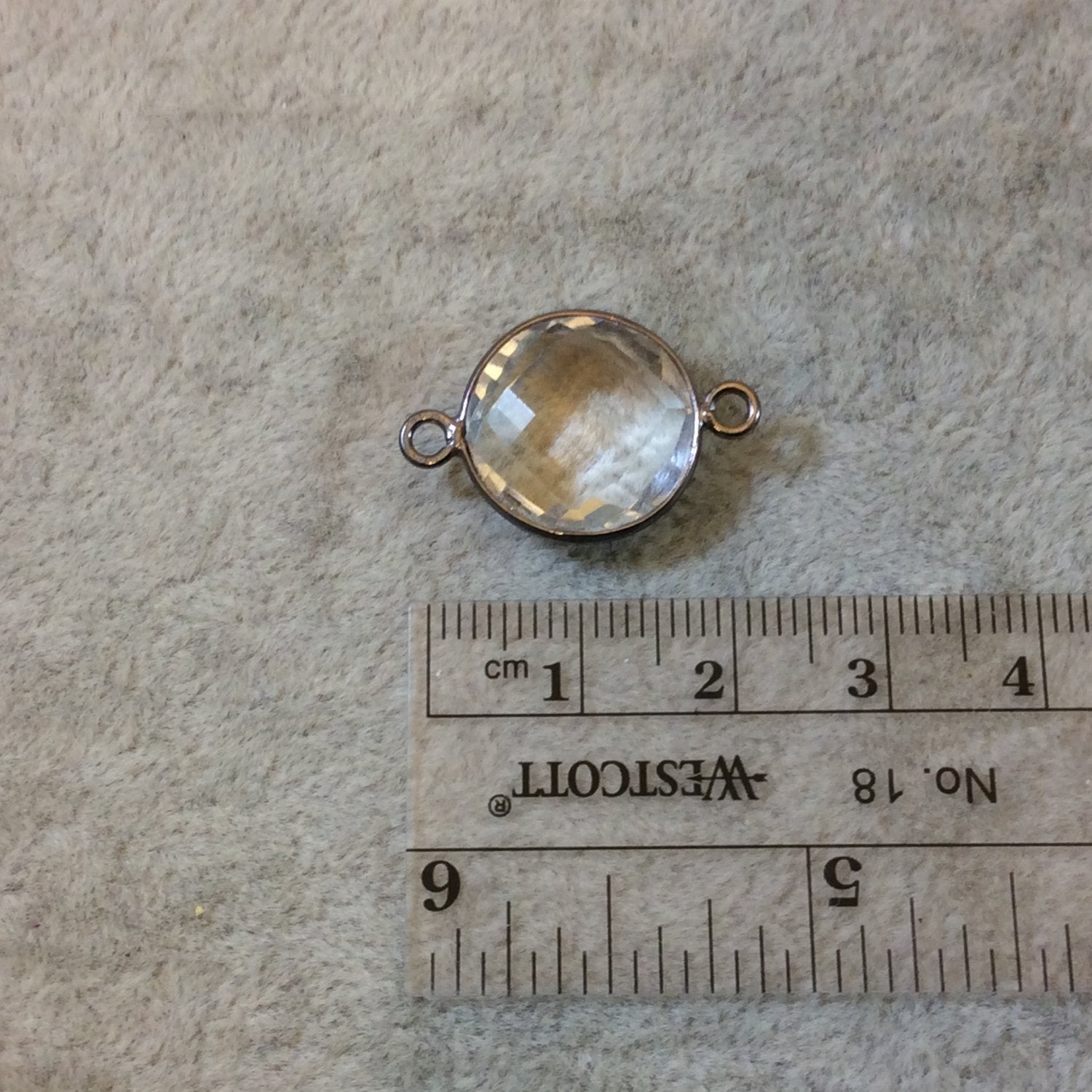 Gunmetal Plated Faceted Clear Hydro (Lab Created) Quartz Round/Coin Shaped Bezel Connector - Measuring 15mm x 15mm - Sold Individually