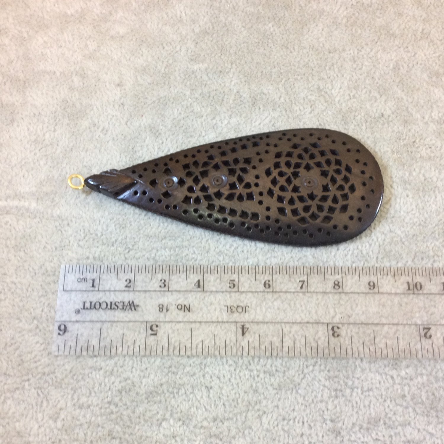 Large Sized Black/Brown Natural Ox Bone Teardrop Shaped Pendant with Carved Floral/Mandala Designs - Measuring 38mm x 90mm Approximately