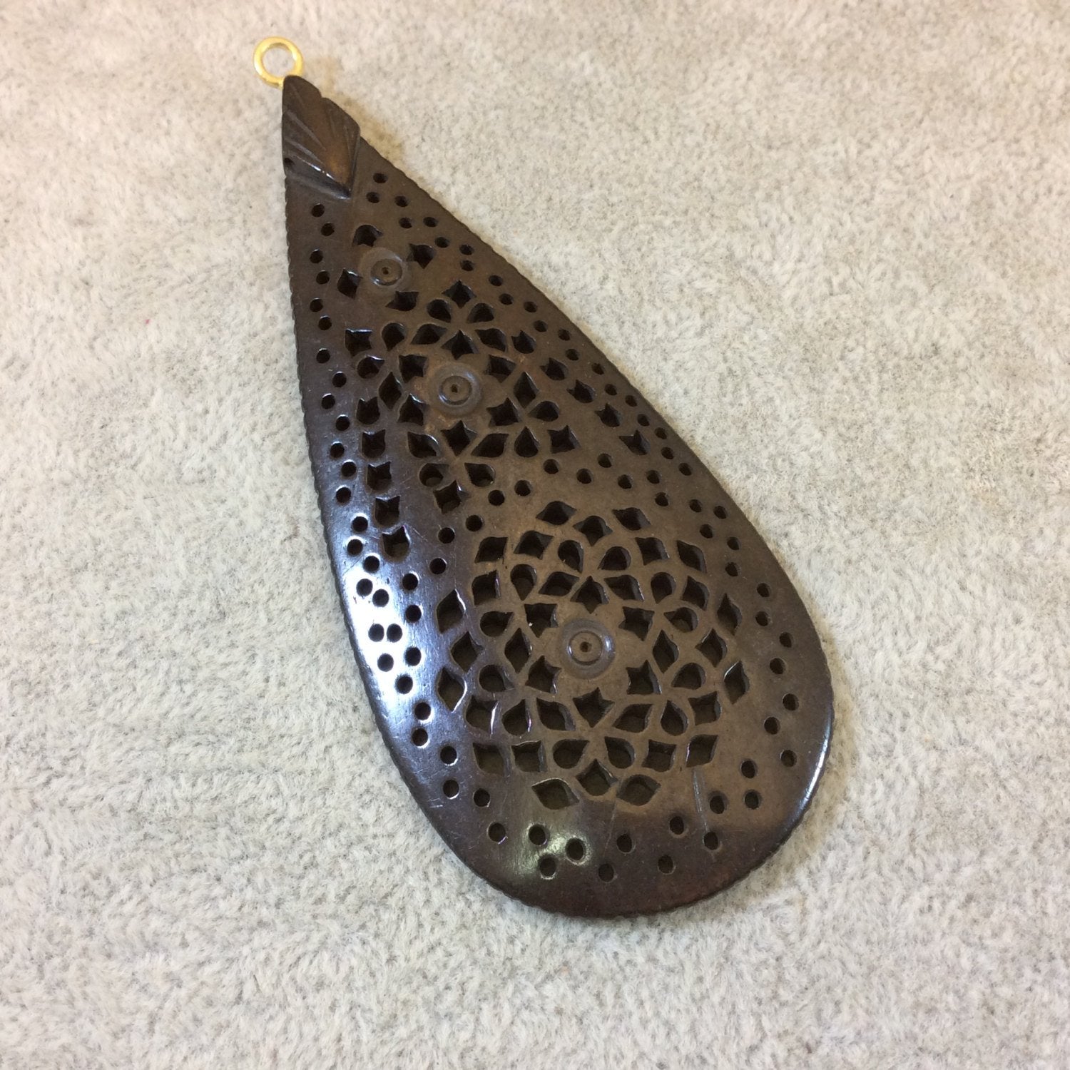 Large Sized Black/Brown Natural Ox Bone Teardrop Shaped Pendant with Carved Floral/Mandala Designs - Measuring 38mm x 90mm Approximately