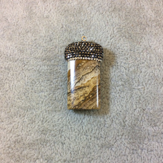 Pave Rhinestone Encrusted Rectangle Shaped Natural Picture Jasper Pendant with Gray/White Rhinestones - Measuring 18mm x34mm, Approximately