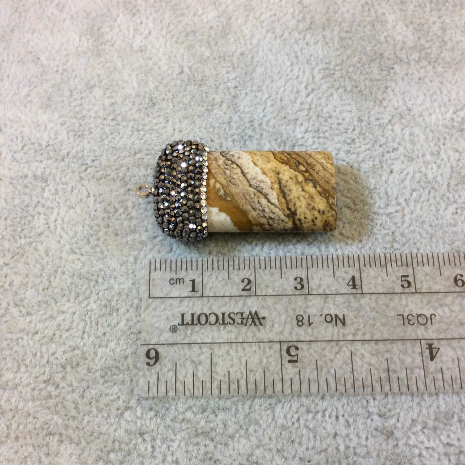 Pave Rhinestone Encrusted Rectangle Shaped Natural Picture Jasper Pendant with Gray/White Rhinestones - Measuring 18mm x34mm, Approximately