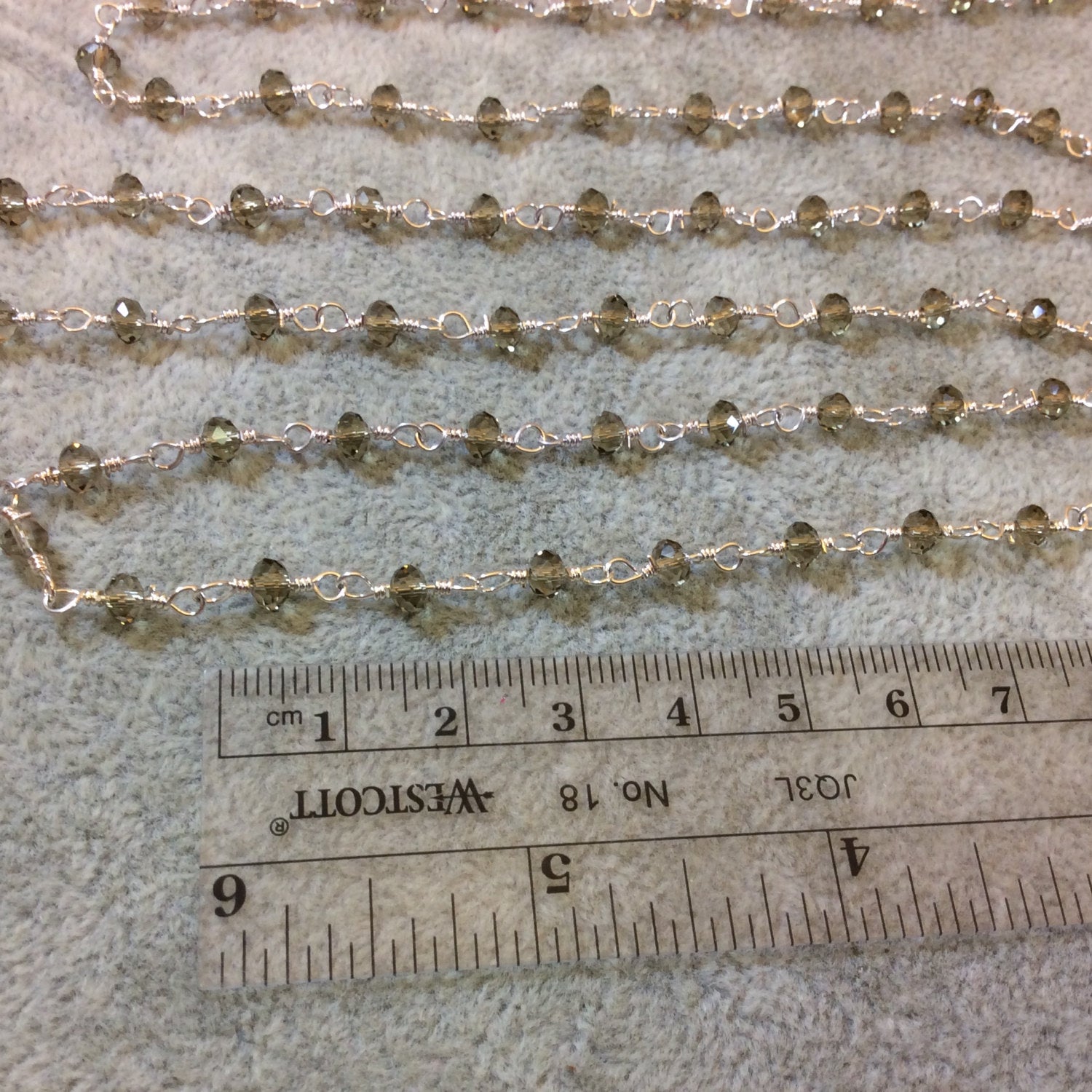 Silver Plated Copper Rosary Chain with 4mm Faceted Gray Glass Crystal Beads - Sold by the Foot, or in Bulk! - High Quality Beaded Chain