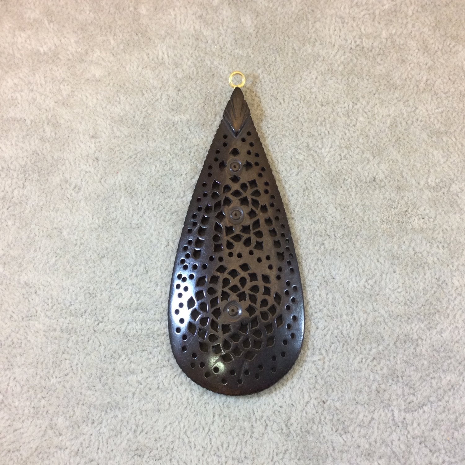 Large Sized Black/Brown Natural Ox Bone Teardrop Shaped Pendant with Carved Floral/Mandala Designs - Measuring 38mm x 90mm Approximately