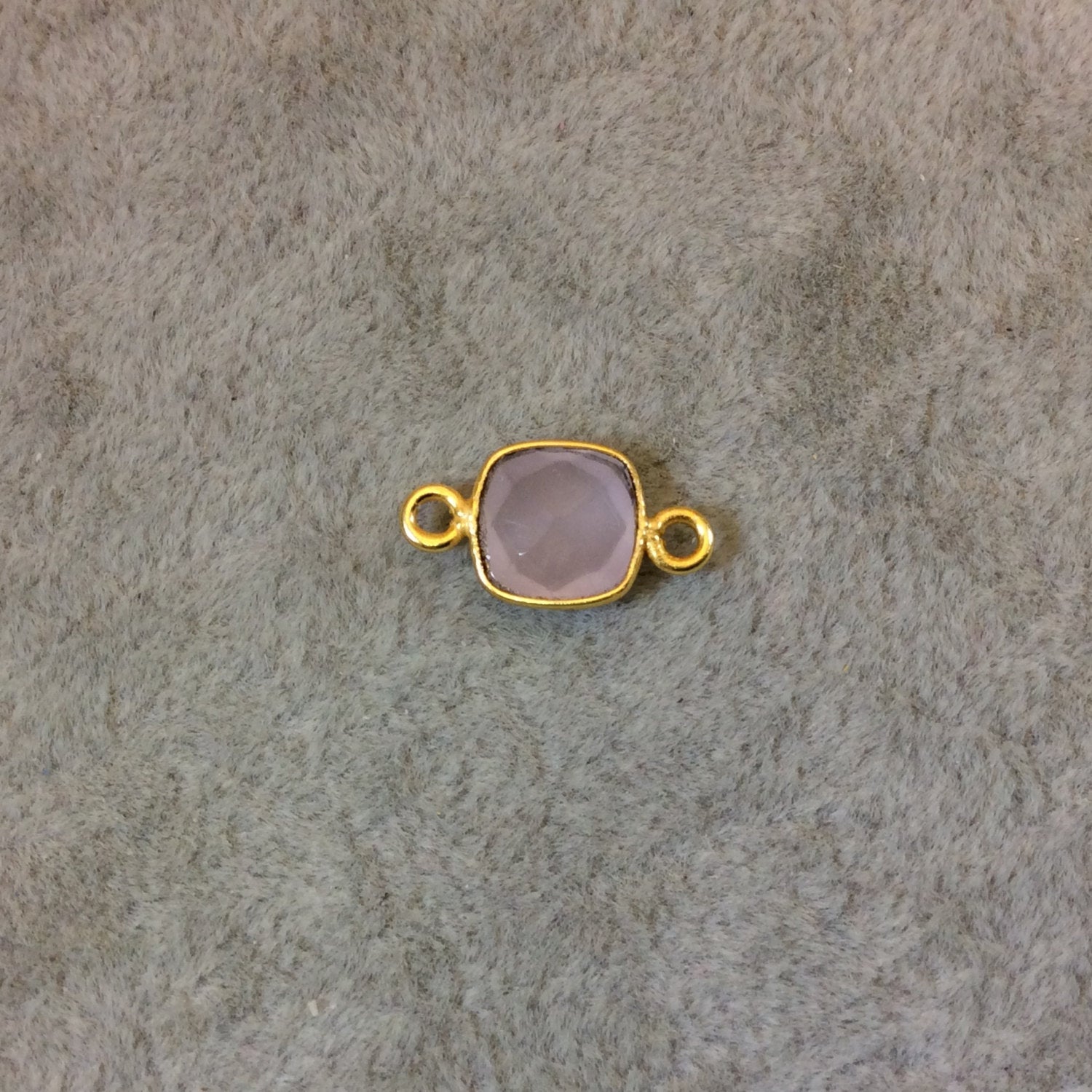 Gold Finish Faceted Light Pink Chalcedony Square Bezel Two Ring Connector Component - Measuring 8mm x 8mm - Natural Semi-precious Gemstone