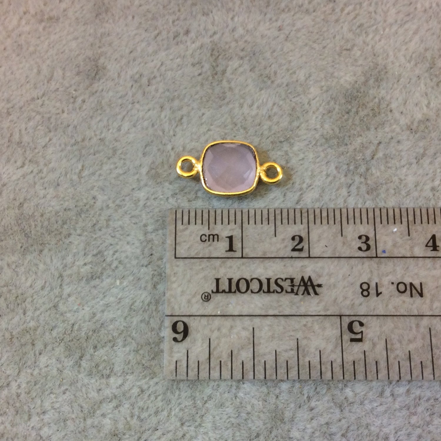 Gold Finish Faceted Light Pink Chalcedony Square Bezel Two Ring Connector Component - Measuring 8mm x 8mm - Natural Semi-precious Gemstone