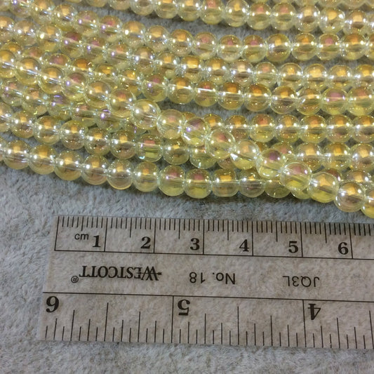 6mm Smooth Mystic Finish Transparent Light Yellow Glass Crystal Round/Ball Shaped Beads - 11.5" Strand ( Approximately 56 Beads per Strand)