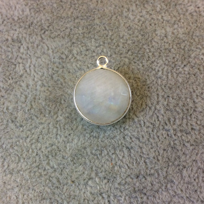 Sterling Silver Faceted Round/Coin Shaped Moonstone Bezel Pendant Component - Measuring 15mm x 15mm - Natural Semi-Precious Gemstone