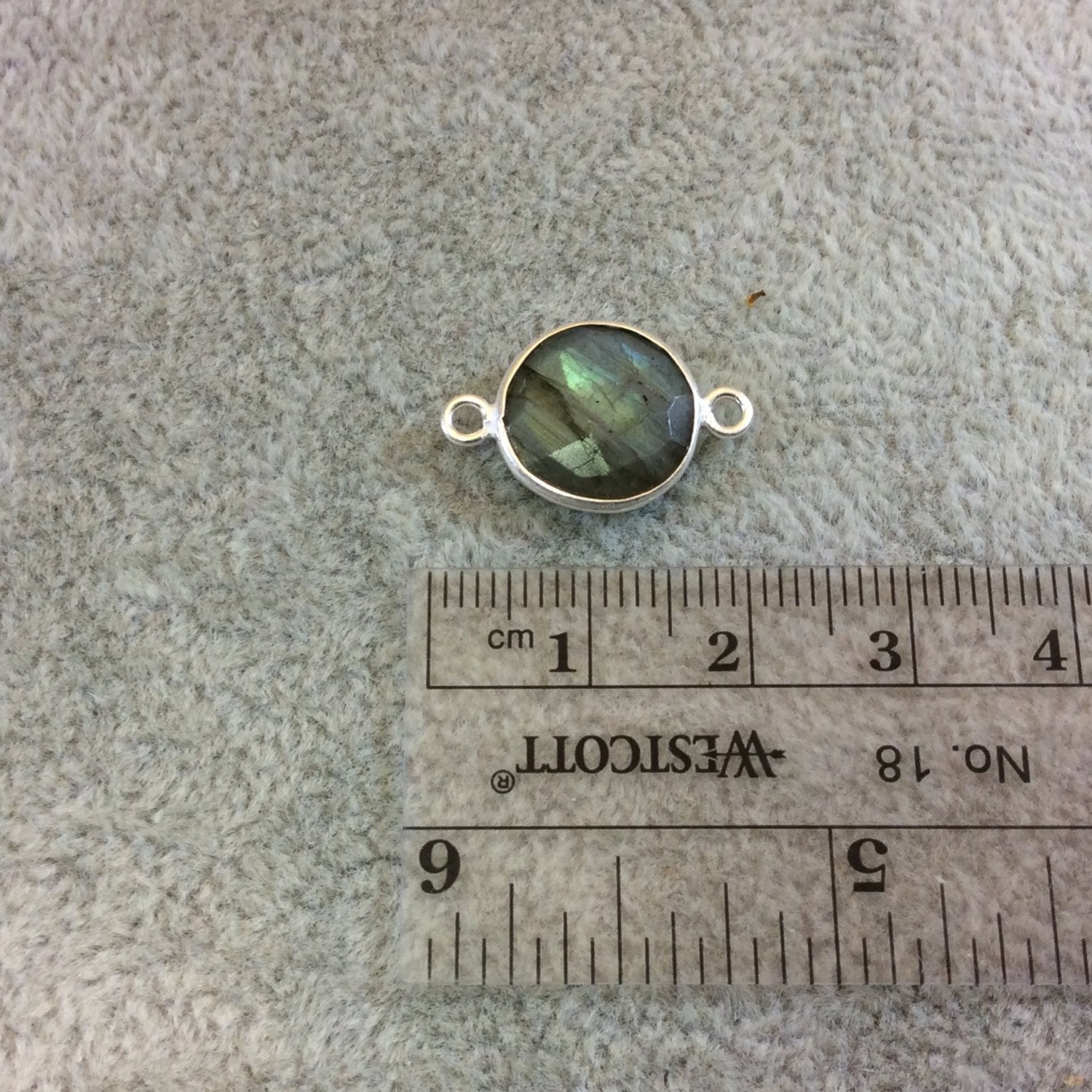 Sterling Silver Faceted Round/Coin Shaped Labradorite Bezel Connector Component - Measuring 12mm x 12mm - Natural Semi-Precious Gemstone