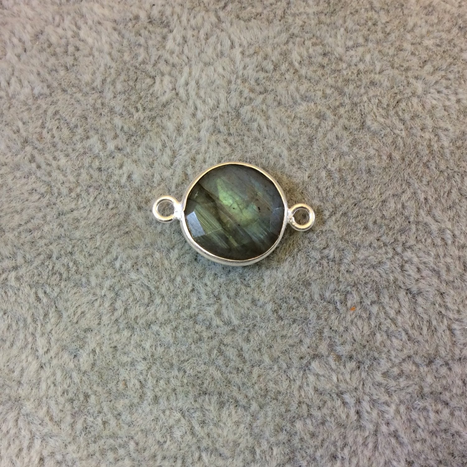 Sterling Silver Faceted Round/Coin Shaped Labradorite Bezel Connector Component - Measuring 12mm x 12mm - Natural Semi-Precious Gemstone