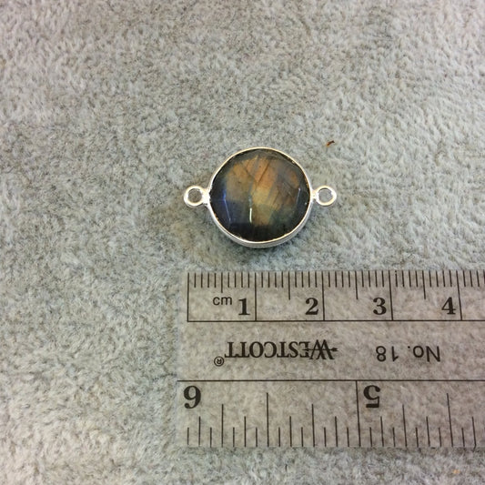 Sterling Silver Faceted Round/Coin Shaped Labradorite Bezel Connector Component - Measuring 15mm x 15mm - Natural Semi-Precious Gemstone
