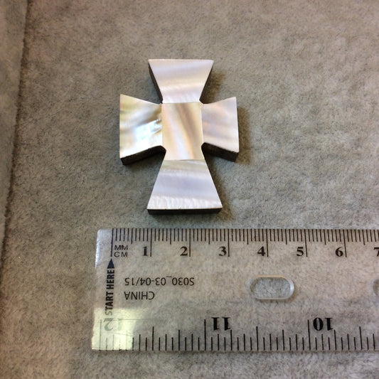 1.5" Iridescent White/Ivory Cross Shaped Wooden Pendant with Natural Abalone Shell Overlay - Measuring 31mm x 41mm, 8mm Thick - (TR15WHCRAB)
