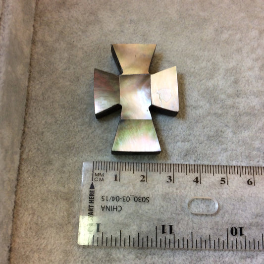 1.5" Iridescent Gray/White Cross Shaped Wooden Pendant with Natural Abalone Shell Overlay - Measuring 31mm x 41mm, 8mm Thick - (TR15GRCRAB)