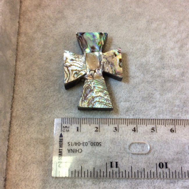1.5&quot; Iridescent Rainbow Cross Shaped Wooden Pendant with Natural Abalone Shell Overlay - Measuring 31mm x 41mm, 8mm Thick - (TR15RBCRAB)