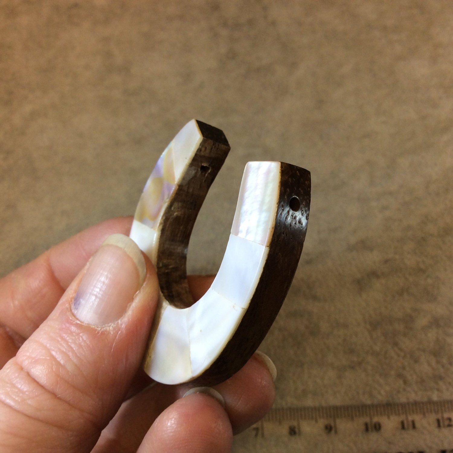 1.75" Iridescent White/Ivory Horseshoe Shaped Wooden Pendant with Abalone Shell Overlay - Measuring 45mm x 46mm, 8mm Thick - (TR175WHHAB)