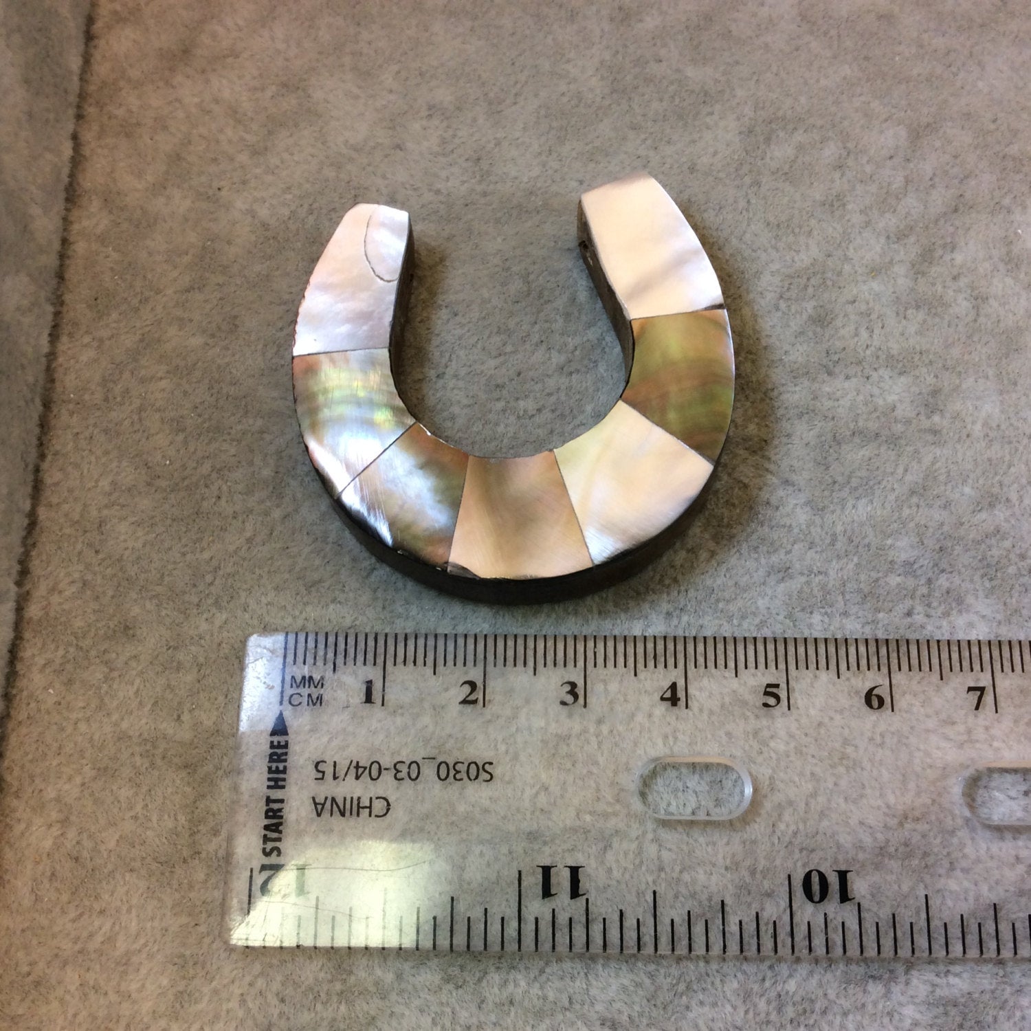 1.75" Iridescent Gray/White Horseshoe Shaped Wooden Pendant with Abalone Shell Overlay - Measuring 45mm x 46mm, 8mm Thick - (TR175GRHAB)