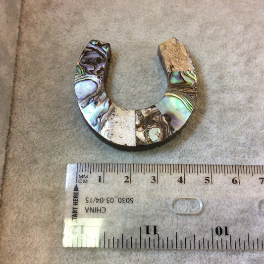 1.75" Iridescent Rainbow Horseshoe Shaped Wooden Pendant with Abalone Shell Overlay - Measuring 45mm x 46mm, 8mm Thick - (TR175RBHAB)