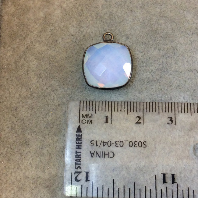 Gunmetal Plated Faceted White Opalite (Manmade Glass) Square Shaped Bezel Pendant - Measuring 15mm x 15mm - Sold Individually