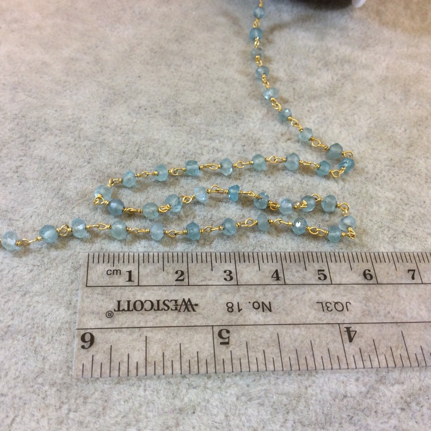 Gold Plated Copper Rosary Chain with 3-4mm Faceted Rondelle Shaped Apatite Beads (CH125-GD) - Sold by the Foot! - Natural Beaded Chain