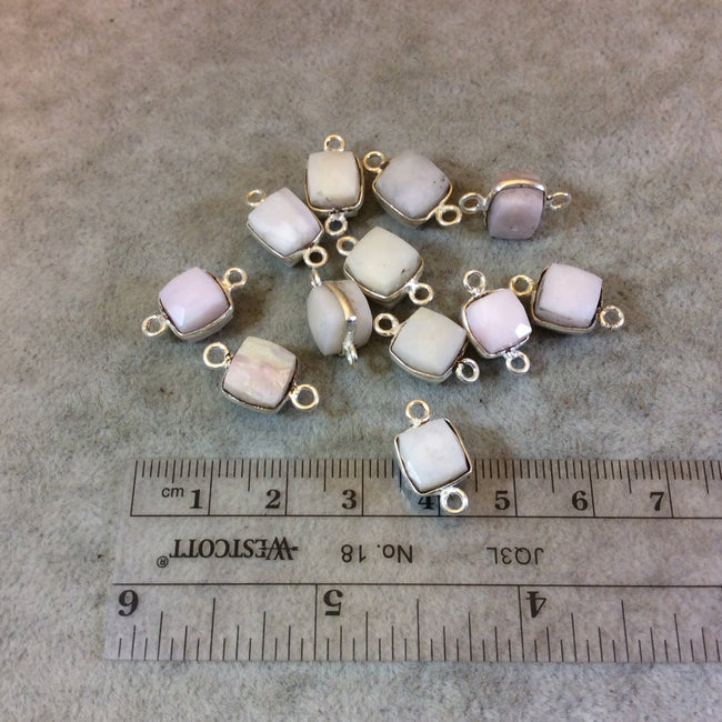 Silver Finish Faceted Pink Opal Cube/Square Shaped Plated Copper Bezel Connector - Measuring 7-8mm - Natural Gemstone - Sold Individually