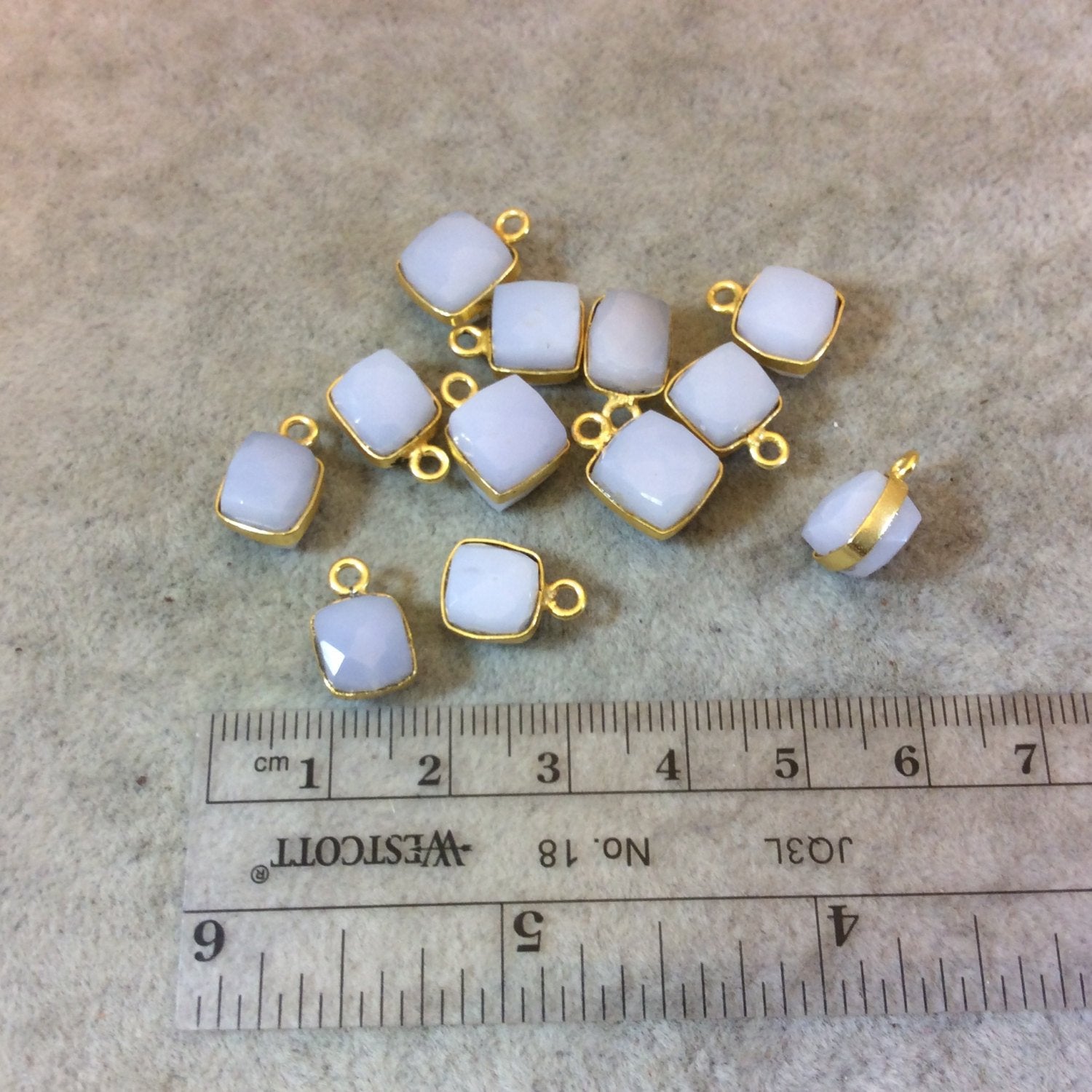 Gold Finish Faceted Chalcedony Cube/Square Shaped Plated Copper Bezel Charm/Drop - Measuring 7-8mm - Natural Gemstone - Sold Individually