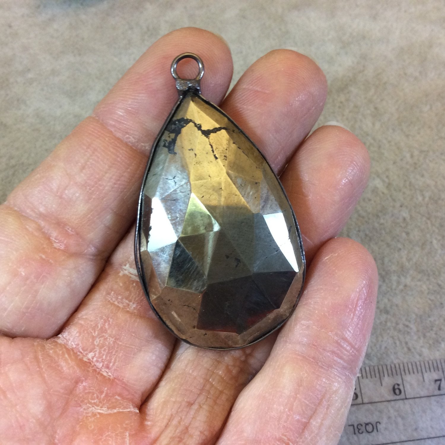 Gunmetal Finish Faceted Pyrite Pear/Teardrop Shaped Bezel Pendant Component - Measuring 28mm x 45mm - Natural Semi-precious Gemstone