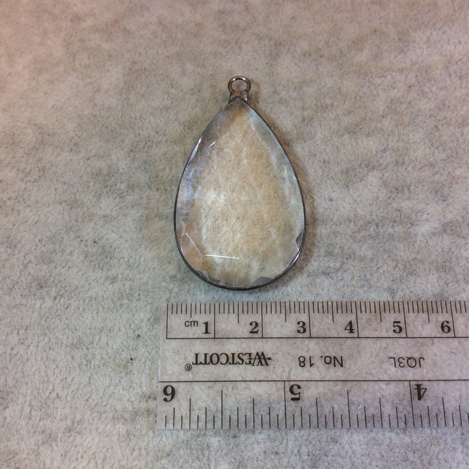 Gunmetal Plated Faceted Clear Hydro (Lab Created) Quartz Pear/Teardrop Shaped Bezel Pendant - Measuring 28mm x 45mm - Sold Individually