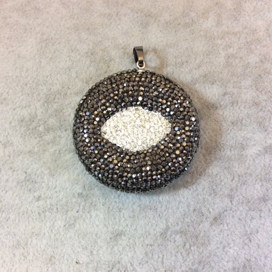 Pave Rhinestone Encrusted Abstract Eye Shaped Resin Pendant with Gray/White Rhinestones and Attached Bail - Measuring 39mm x 39mm, Approx.