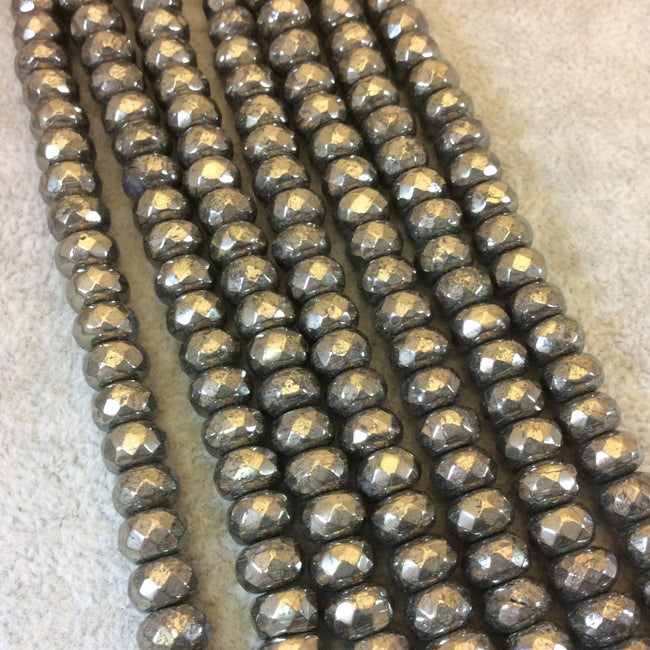 5mm x 8mm Faceted Metallic Pyrite Rondelle Shaped Beads with 1mm Holes - 16" Strand (Approx. 77 Beads) - Natural Semi-Precious Gemstone