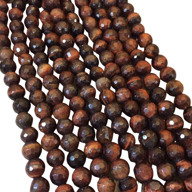 10mm Natural Red Tiger Eye Faceted Finish Round/Ball Shaped Beads with 2.5mm Holes - 7.75" Strand (Approx. 20 Beads) - LARGE HOLE BEADS