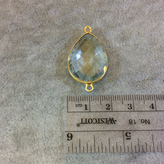 Gold Plated Faceted Pale Green Hydro (Lab Created) Quartz Pear/Teardrop Shaped Bezel Connector - Measuring 18mm x 24mm - Sold Individually