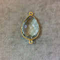 Gold Plated Faceted Pale Green Hydro (Lab Created) Quartz Pear/Teardrop Shaped Bezel Connector - Measuring 18mm x 24mm - Sold Individually