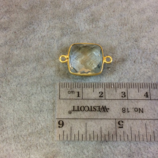 Gold Plated Faceted Pale Green Hydro (Lab Created) Quartz Square Shaped Bezel Connector - Measuring 15mm x 15mm - Sold Individually