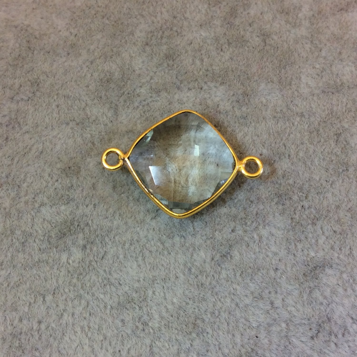 Gold Plated Faceted Pale Green Hydro (Lab Created) Quartz Diamond Shaped Bezel Connector - Measuring 15mm x 15mm - Sold Individually