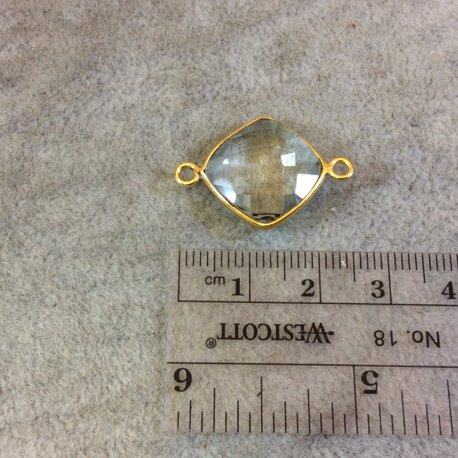 Gold Plated Faceted Pale Green Hydro (Lab Created) Quartz Diamond Shaped Bezel Connector - Measuring 15mm x 15mm - Sold Individually