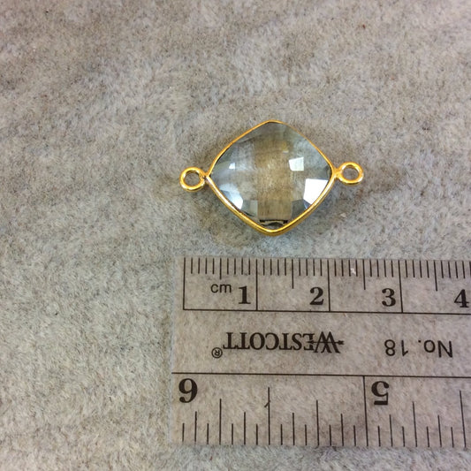 Gold Plated Faceted Pale Green Hydro (Lab Created) Quartz Diamond Shaped Bezel Connector - Measuring 15mm x 15mm - Sold Individually