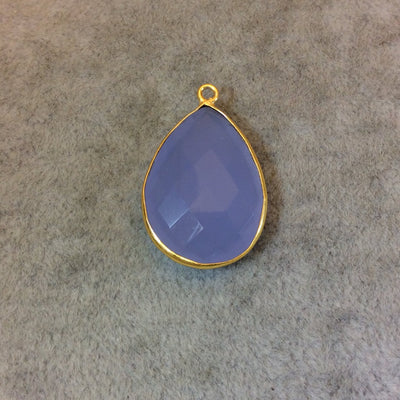 Gold Finish Faceted Semi-Transparent Pale Blue Chalcedony Pear/Teardrop Shaped Bezel Pendant - Measuring 18mm x 24mm - Natural Gemstone