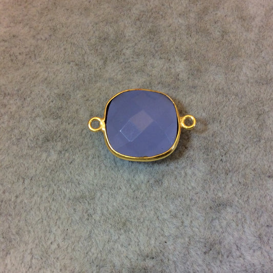 Gold Finish Faceted Semi-Transparent Pale Blue Chalcedony Square Shaped Bezel Connector - Measuring 15mm x 15mm - Natural Gemstone